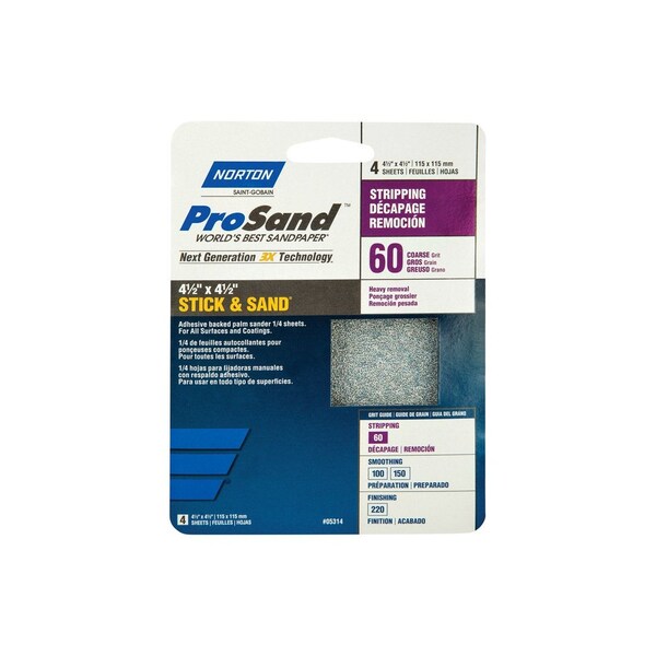 Norton ProSand 076607 Sanding Sheet, 4 1/2 in L, 4 1/2 in W, Coarse, 60 Grit, Aluminum Oxide Abrasive 07660768185 - main
