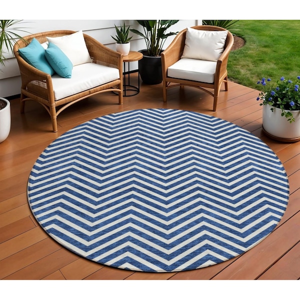 Homeroots 8' Blue And Ivory Round Chevron Washable Indoor Outdoor Area Rug 596257 - main