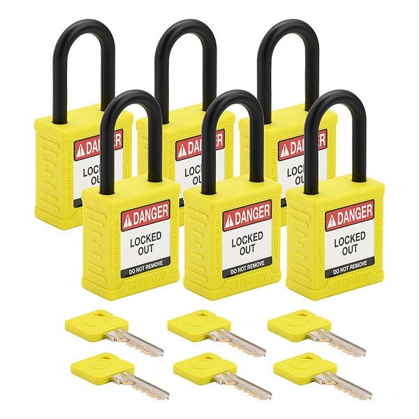 Brady Padlock, Keyed Different, Nylon, Yellow, 1 1/2 in Shackle Height, 1 1/2 in Body Width, 6 PK SDPL-YLW-38PL-KD6 - main