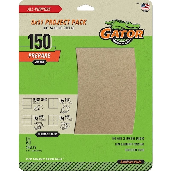 Gator Sanding Sheet, 11 in L, 9 in W, 150 Grit, Fine, Aluminum Oxide Abrasive 4442 - main