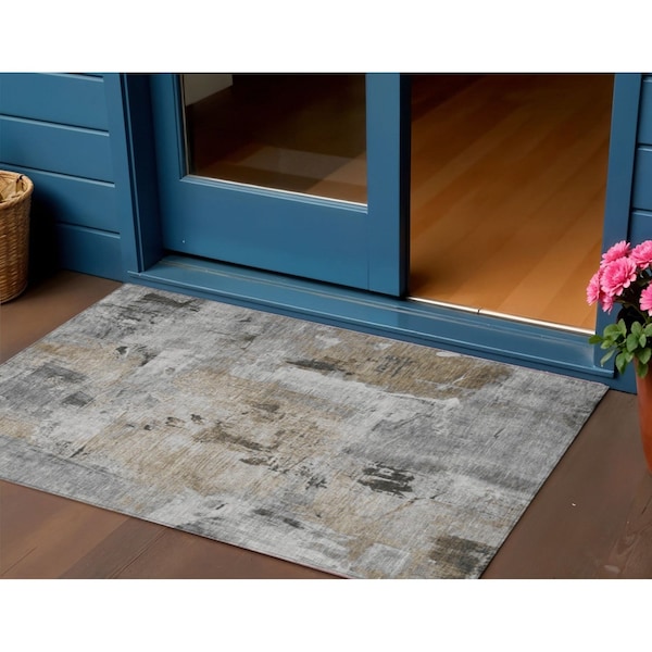 Homeroots 3' X 5' Gray Ivory And Brown Abstract Washable Indoor Outdoor Area Rug 596866 - main