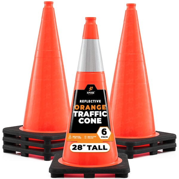 Xpose Safety Traffic Safety Cone, 28 in, PVC, 6 in Reflective Collar, DOT Approved, Orange, 6 pk OTC28-6-6-X-S - main