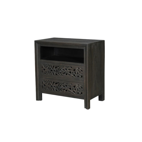 Homeroots 30" Black Solid Wood Distressed Carved Floral Two Drawer Nightstand 569585 - main