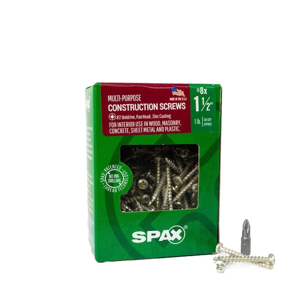 Spax #8 x 1-1/2 in Interior Wood Metal Screws Cabinet Pan Head Phillips Square Unidrive, 180PK 4111010400404 - main