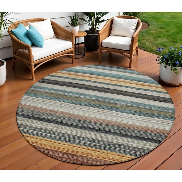 Homeroots 8' Beige Gold And Brown Round Striped Washable Indoor Outdoor Area Rug 618252 - main