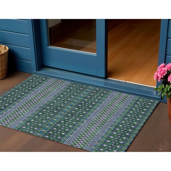 Homeroots 3' X 5' Green Blue And Purple Tribal Washable Indoor Outdoor Area Rug 582560 - main