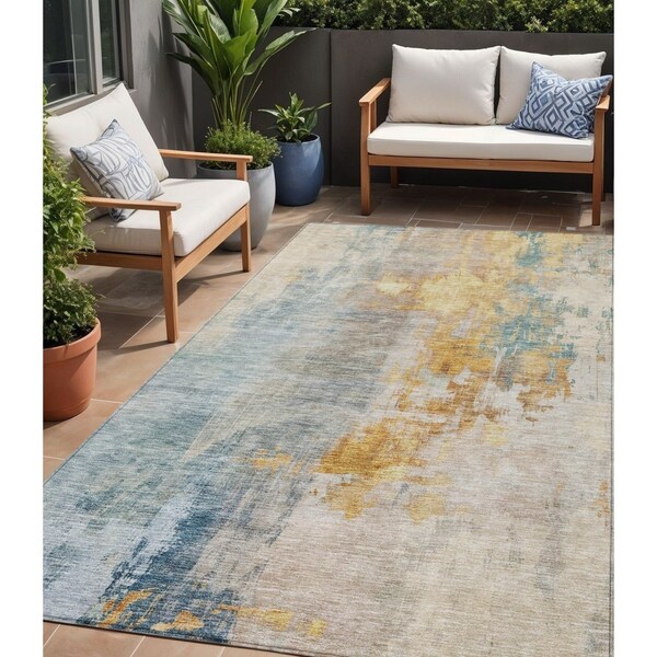 Homeroots 5' X 8' Linen Teal Blue And Copper Abstract Washable Indoor Outdoor Area Rug 605519 - main