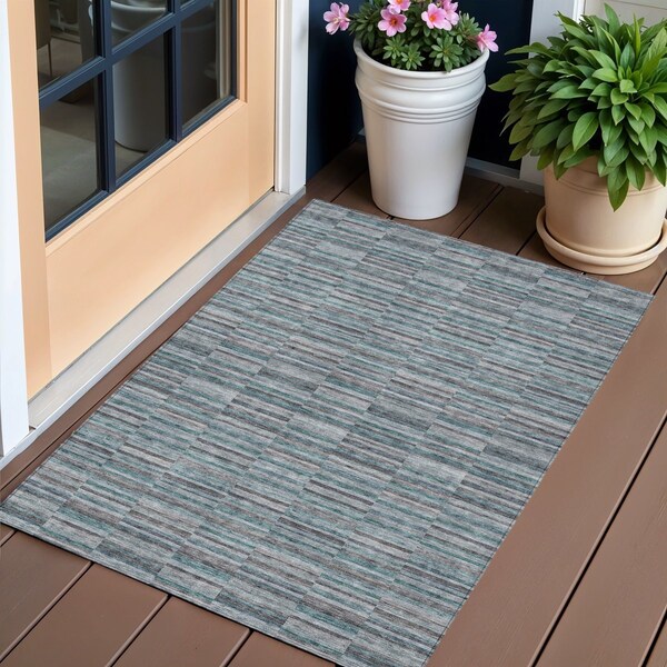 Homeroots 3' X 5' Teal Blue Aqua And Gray Striped Washable Indoor Outdoor Area Rug 587938 - main
