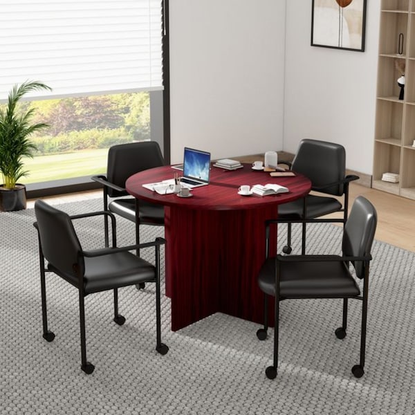 Boss Office Products BOSS 42" Round Table (Mahogany Finish) Set with (4) Chairs with Arms and Casters in Black Vinyl Group127M-D - main