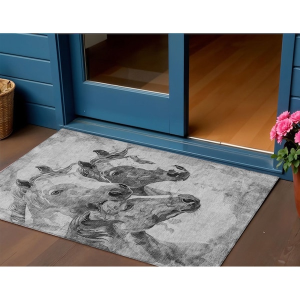 Homeroots 3' X 5' Gray And Silver Horse Washable Indoor Outdoor Area Rug 618673 - main