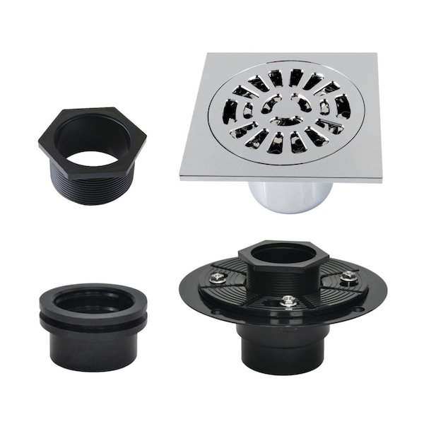 Kingston Brass 4" Brass Square Grid Shower Drain with Flange, Polished Chrome BSFK4267C - main