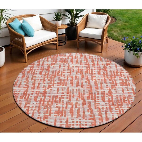 Homeroots 8' Coral Pink And Ivory Round Abstract Washable Indoor Outdoor Area Rug 602559 - main
