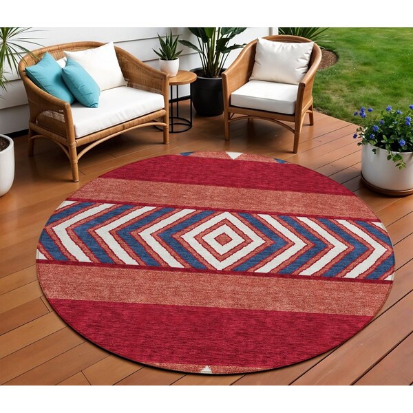 Homeroots 8' Red White And Navy Blue Round Southwestern Washable Indoor Outdoor Area Rug 613947 - main