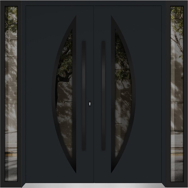 Vdomdoors Aluminum Double Doors Deux 6501 Black Enamel Opaque Black Glass 2 Sidelights Entry Modern Painted 1 DEUX6501DEXD-BLK-W14+72+14xH96-LH-I - main