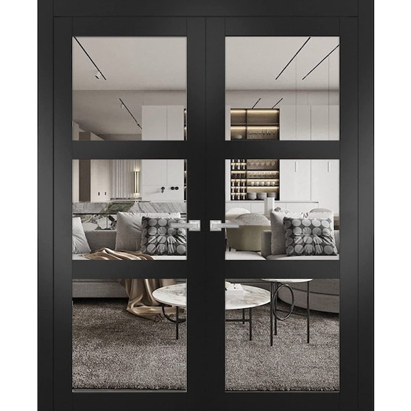 Sartodoors Solid French Double Doors, Lucia 2555 Matte Black with Clear Glass, Wood Solid Panel Frame Trims , LUCIA2555DD-BLK-7296 - main