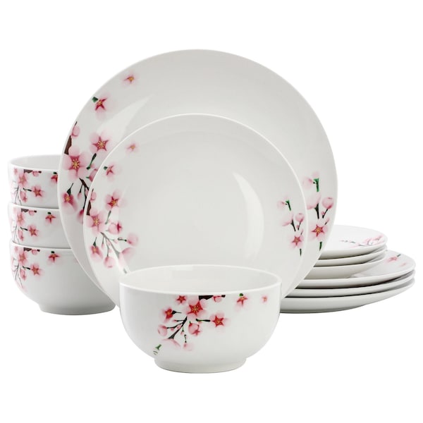 Elama Tamara 12 Piece Cherry Blossom Porcelain Dinnerware Set, Service for 4 in White and Pink 750123733M - main