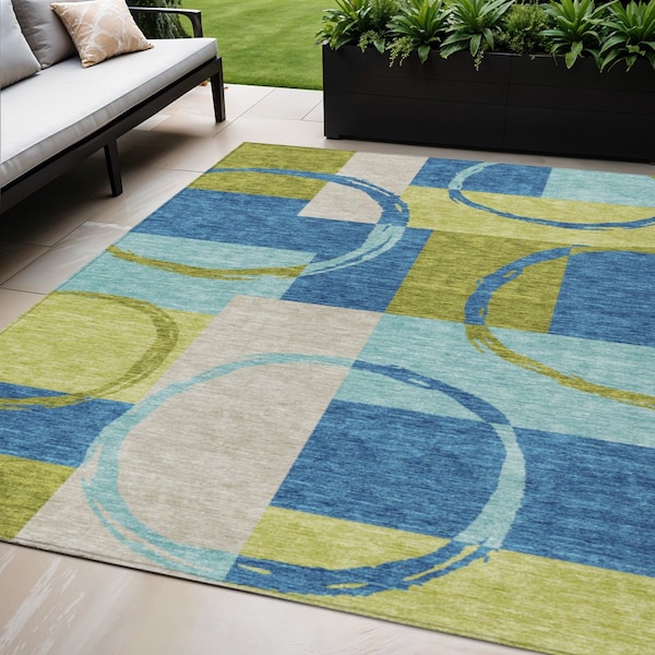 Homeroots 5' X 8' Denim Blue And Lime Green Geometric Washable Indoor Outdoor Area Rug 612576 - main