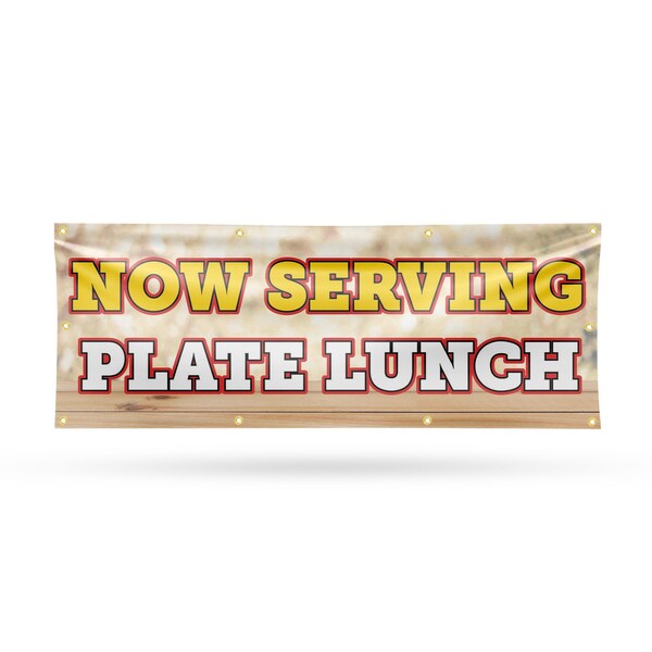 Signmission Now Serving Plate Lunch, 36 Inch x 96 Inch, Vinyl Banner B-96-30766 - main