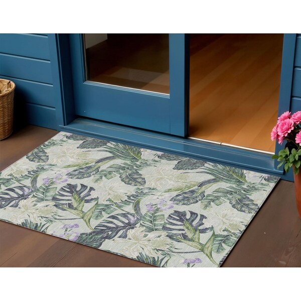 Homeroots 3' X 5' Artichoke Green Lavender And Ivory Botanical Leaves Washable Indoor Outdoor Area Rug 618382 - main
