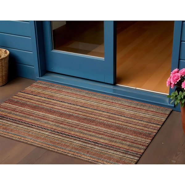 Homeroots 3' X 5' Rust Taupe And Gray Striped Washable Indoor Outdoor Area Rug 616382 - main