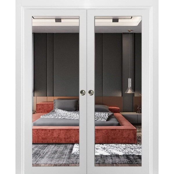 Sartodoors Sliding French Double Pocket Doors, Lucia 1299 White Silk with Mirror, Kit Trims Rail Hardware, S LUCIA1299DP-WS-60 - main