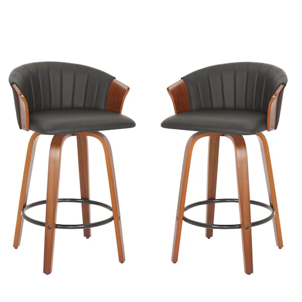 Homeroots Set of Two 26" Black and Brown Faux Leather and Solid Wood Low Back Counter Height Bar Chairs, 2PK 555082 - main
