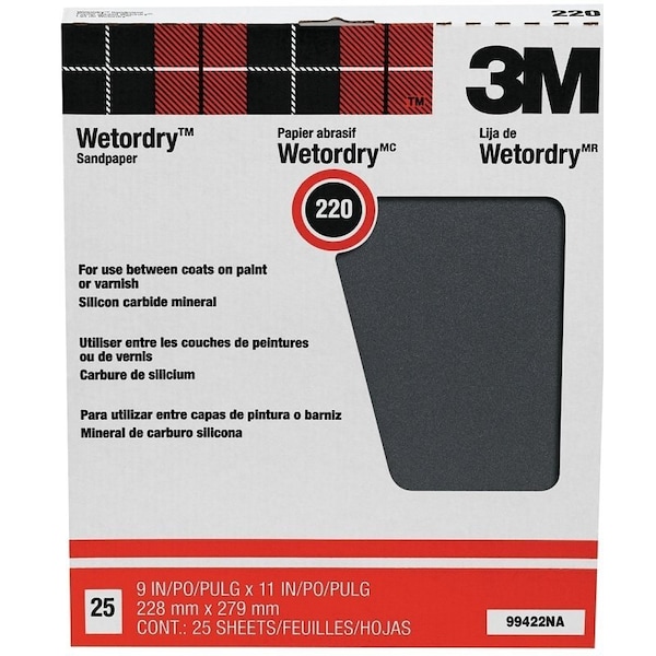 3M Wetordry 99422NA Sand Paper, 220-Grit, Paper Backing, Silicone Carbide, Black 99422NA - main