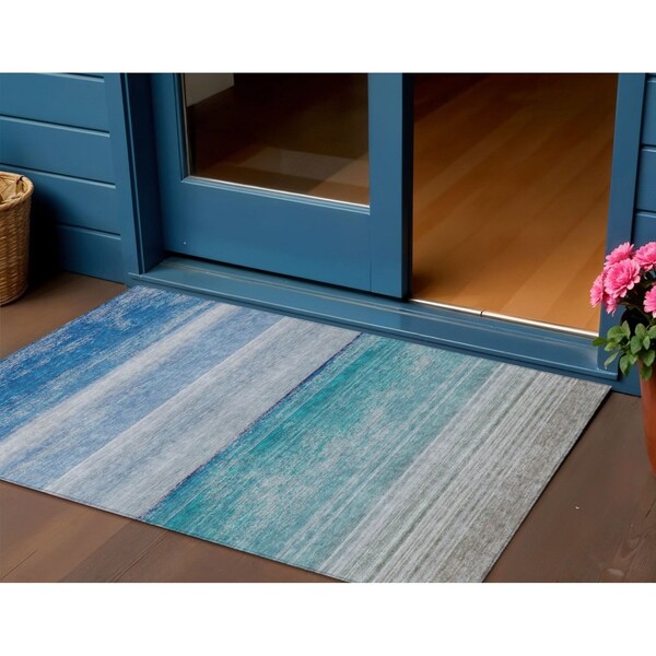 Homeroots 3' X 5' Sky Blue Striped Washable Indoor Outdoor Area Rug 608139 - main