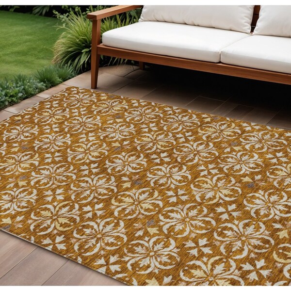 Homeroots 9' X 12' Copper And Beige Floral Washable Indoor Outdoor Area Rug 595983 - main
