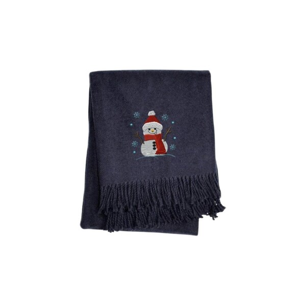Homeroots 55" X 70" Navy BlueCotton Blend Woven Snowman Embroidered Throw Blanket with Fringe 713576 - main