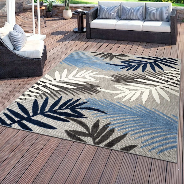 World Rug Gallery Palm Frond Indoor/Outdoor Area Rug 6 ft 6 in x 6 ft 6 in Square Blue 5550BLUE6SQ - main