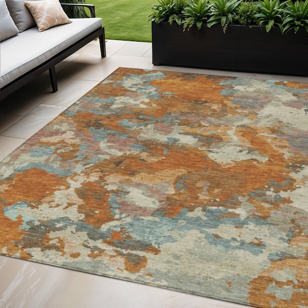 Homeroots 5' X 8' Copper And Orange Abstract Washable Indoor Outdoor Area Rug 609589 - main