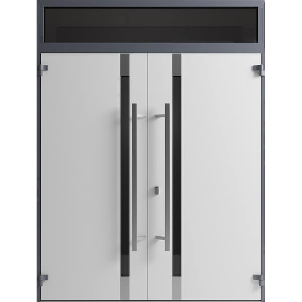 Vdomdoors Front Exterior Prehung Aluminum Double Doors Ronex1011 Grey Top Transom Mirrored Clear Glass Entry RONEX1011DEXD-GRE-W72xH96+12-RH-I - main