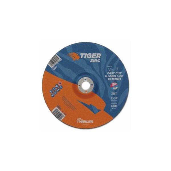 Weiler Tiger Zirc Type 27 Cut/Grind Combo Wheel, 9 in dia x 1/8 in Thick, 7/8 in dia Arbor, Z30T, 10PK 804-58058 - main