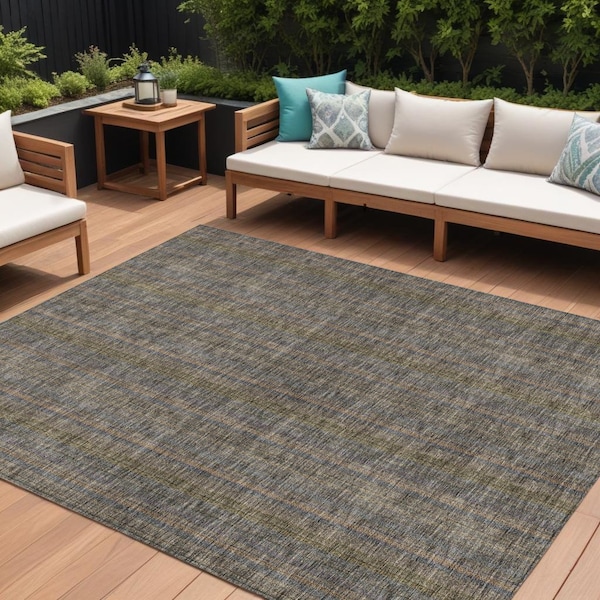 Homeroots 10' X 14' Taupe Denim Blue And Olive Green Striped Washable Indoor Outdoor Area Rug 615102 - main