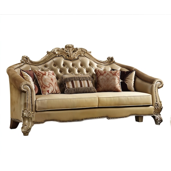 Homeroots 89" Bone Faux Leather Sofa And Toss Pillows With Gold Legs 490995 - main