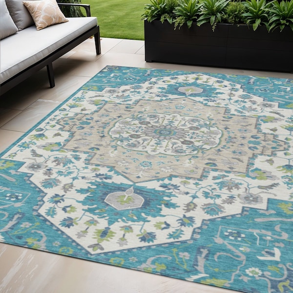 Homeroots 5' X 8' Teal Blue Green And Ivory Oriental Washable Indoor Outdoor Area Rug 596645 - main