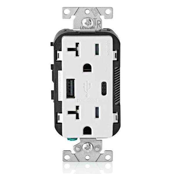 Leviton 5.1A USB Type A/Type-C Wall Outlet Charger with 20A Tamper-Resistant Receptacles T5833-W - main