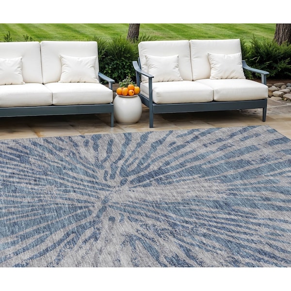 Homeroots 10' X 14' Blue Gray And Silver Abstract Washable Indoor Outdoor Area Rug 588009 - main