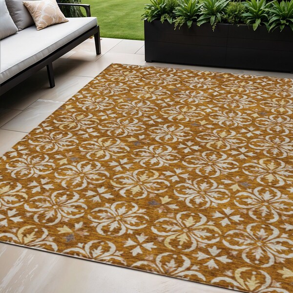 Homeroots 5' X 8' Copper And Beige Floral Washable Indoor Outdoor Area Rug 595980 - main