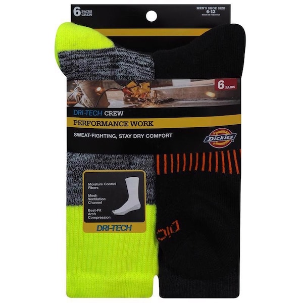 Dickies Dri-Tech Men's 6-12 Crew Socks Assorted, 6PK I11750-HI VIS - main