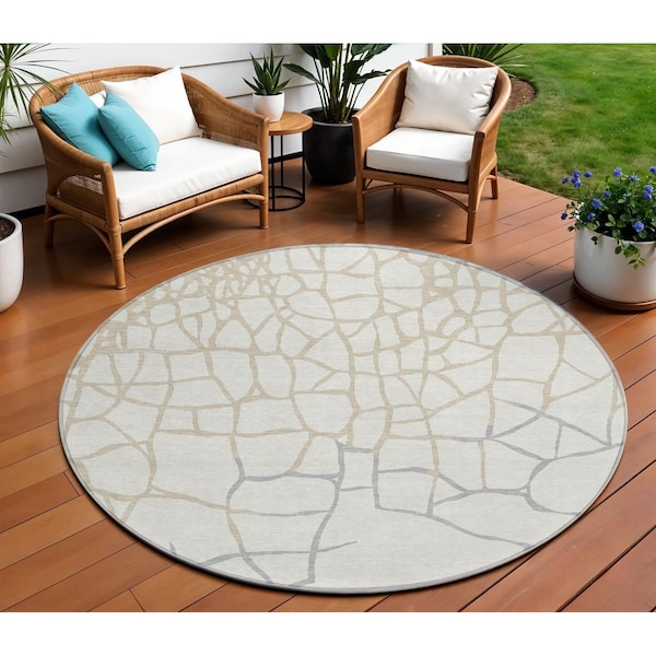Homeroots 8' Ivory And Beige Round Abstract Washable Indoor Outdoor Area Rug 601136 - main