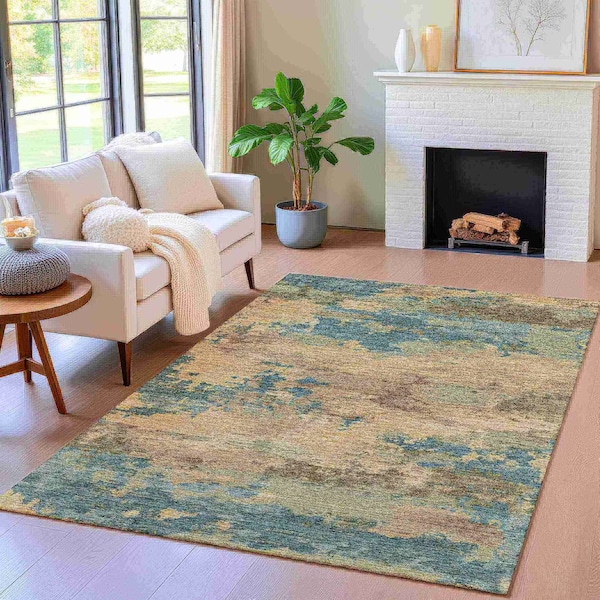 Homeroots 3' X 5' Teal Blue And Beige Abstract Washable Indoor Outdoor Area Rug 630939 - main