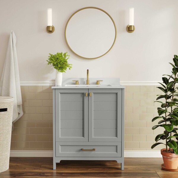 Flash Furniture Haven 30in. Vanity w/Sink, Storage Cabinet w/Gold Hardware, Bottom Drawer, Marble Countertop, Gry FS-BN-4-30-KD-GY-HDGLD-GG - main