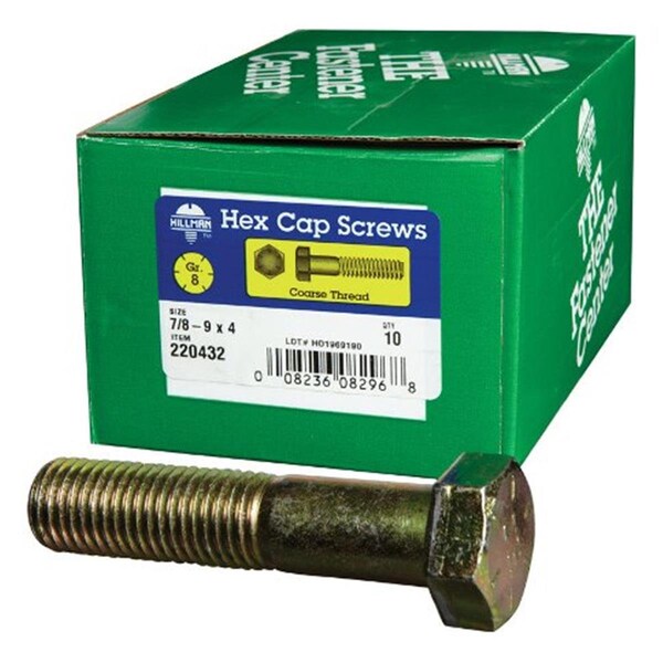 Hillman 220432 0.88-9 x 4 in. Zinc Dichromate Grade 8 Coarse Steel Hex Cap Screw, 10PK 5304951 - main