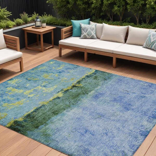 Homeroots 10' X 14' Blue And Lime Green Abstract Washable Indoor Outdoor Area Rug 618606 - main