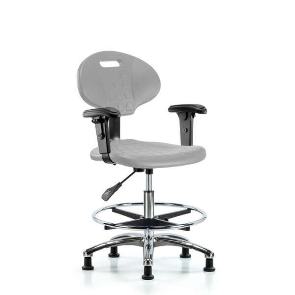 Blue Ridge Ergonomics Poly Chair Chrome-Med Bench Height with Chrome Foot Ring, Adj Arms, &Stationary Glides in Gray Poly TPMBCH-CR-A1-CF-RG-GRY - main