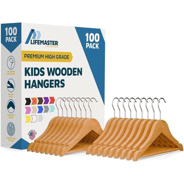 Lifemaster Natural Wooden Kids Hangers 100 Pack, 11.8" Maple Wood with Swivel Hook, Bar & Notches LMWBBH100NT - main