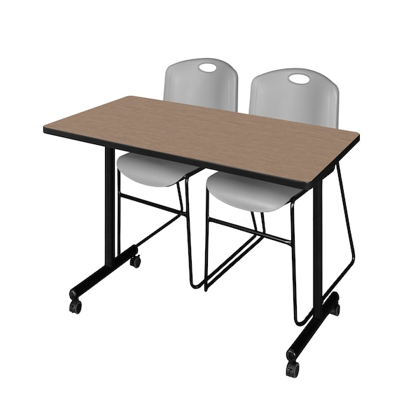Regency Kobe Mobile T-Base Training Table W/ 2 Zeng Stack Chairs, 48 in W, 24 in L, Noble Oak MKTRCC4824NO44GY - main