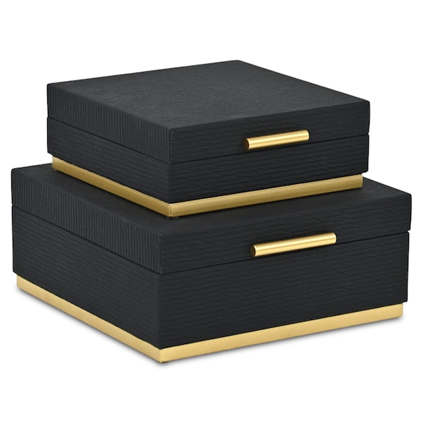 Homeroots Set of Two Black And Gold Striped Square Nesting Storage Boxes With Lids, 2PK 712928 - main